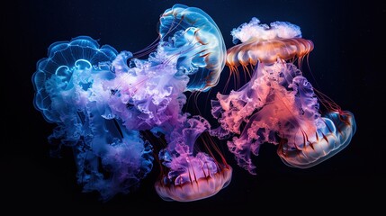 Colorful jellyfish swimming in the dark sea. A cluster of jellyfish drifts in the ocean, their translucent bodies gently moving with the currents ai generated high quality images