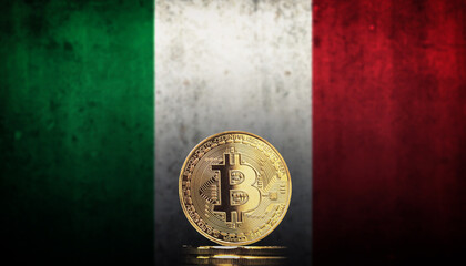 Bitcoin BTC representation coin with the national flag of Italy in background.