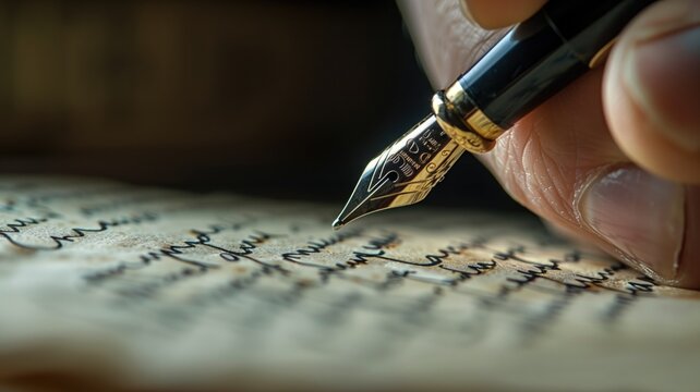A classic fountain pen glides over a handwritten letter, capturing the essence of traditional correspondence