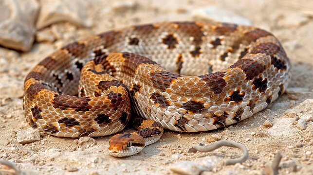 A snake is coiled up on the ground, showing its scaled body and distinctive pattern ai generative images