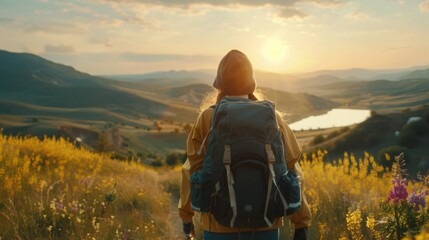 Mountain travel hike people adventure man summer journey tourism group sunset trekking. Hike travel woman mountain walk active backpack nature together sport young trail outdoor tourist hiker person