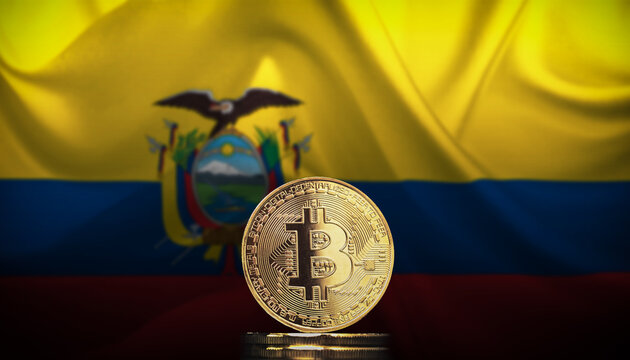 Bitcoin BTC representation coin with the national flag of Ecuador in background.