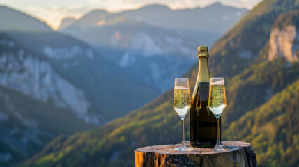 A bottle of sparkling wine and two glasses are perched on a wooden stump ready to toast against a...