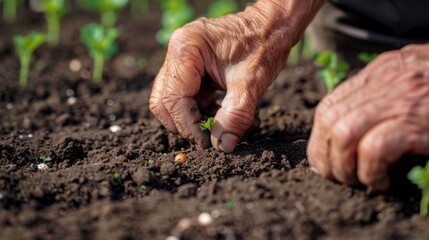 Close-up of farmer's hands planting crops