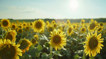 A field of blooming sunflowers with their bright yellow petals and sweet scent uplifting our moods and filling us with joy.