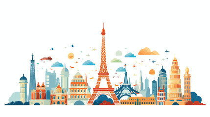 A playful pattern of landmarks like Eiffel Tower - obrazy, fototapety, plakaty
