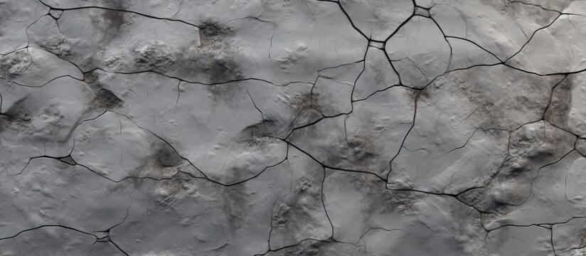 Fototapeta A closeup monochrome photograph of a cracked concrete surface, with a wire fencing in the background. The pattern of cracks resembles a frozen twig mesh, covered in snow