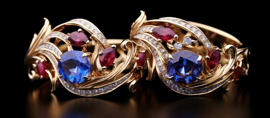 a close up of a gold bracelet with sapphire and ruby stones on a black background . High quality