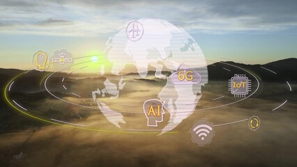 Aerial over foggy hill landscape with digital globe tech symbols overlay. Futuristic technology concept. 3D graphic
