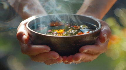 A pair of hands holding a bowl of steaming fragrant herbal tea. The herbs and flowers float in the hot water releasing their healing properties. - obrazy, fototapety, plakaty