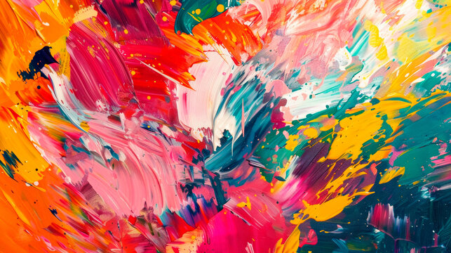 A diverse medley of colors and paint splashes unite in this abstract painting to forge a visually arresting and dynamic composition. Banner. Copy space.