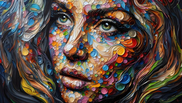 a painting of a woman's face with multiple colors
