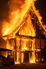 住宅火災で補脳に包まれる家、危険な状態 - 758427745