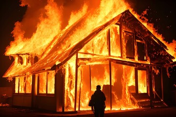 住宅火災で補脳に包まれる家、危険な状態 - 758427773