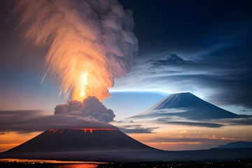 火山の噴火で補脳と煙が吹き出す災害の様子、流れ出す溶岩、火山灰