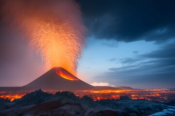 火山の噴火で補脳と煙が吹き出す災害の様子、流れ出す溶岩、火山灰 - 758427919