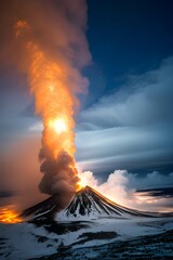 火山の噴火で補脳と煙が吹き出す災害の様子、流れ出す溶岩、火山灰 - 758427922