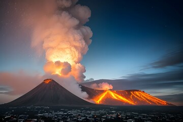火山の噴火で補脳と煙が吹き出す災害の様子、流れ出す溶岩、火山灰 - 758427933