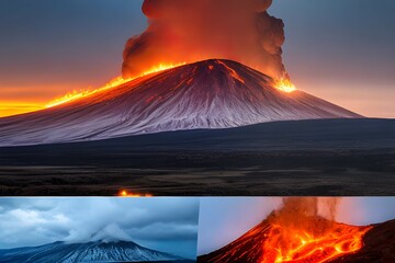 火山の噴火で補脳と煙が吹き出す災害の様子、流れ出す溶岩、火山灰 - 758427945