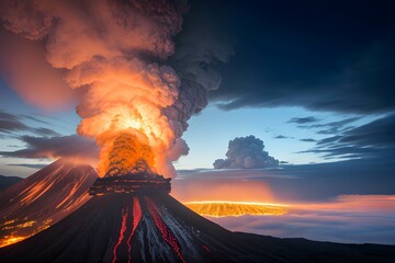 火山の噴火で補脳と煙が吹き出す災害の様子、流れ出す溶岩、火山灰 - 758427951