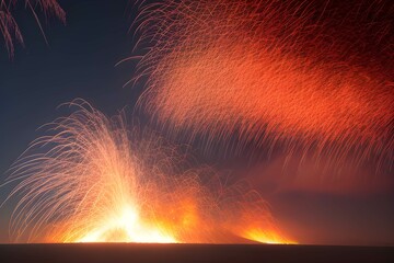 火山の噴火で補脳と煙が吹き出す災害の様子、流れ出す溶岩、火山灰 - 758427965
