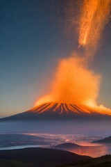火山の噴火で補脳と煙が吹き出す災害の様子、流れ出す溶岩、火山灰 - 758427977