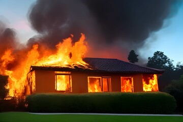 住宅火災で補脳に包まれる家、危険な状態 - 758427987