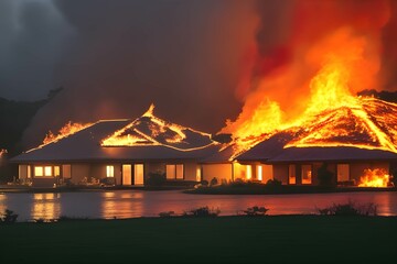 住宅火災で補脳に包まれる家、危険な状態 - 758427994
