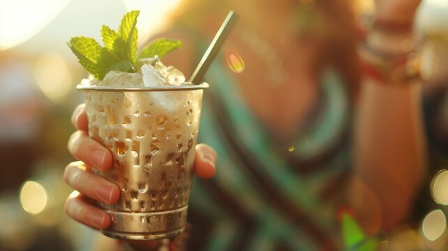 A refreshing iced mint julep cocktail in hand, capturing the essence of summer bliss at golden hour