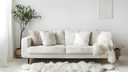 Fototapeta na wymiar White velvet loveseat sofa, wooden cabinet and potted houseplant against venetian stucco wall. Scandinavian home interior design of modern living room.