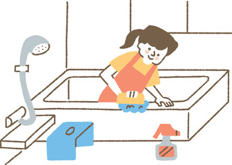 お風呂の掃除をしている若い女性_色 © きなこもち