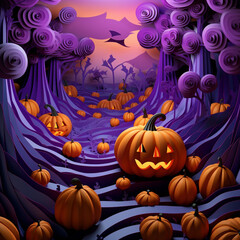 Purple and orange halloween background with various pumpkins created with Generative Ai