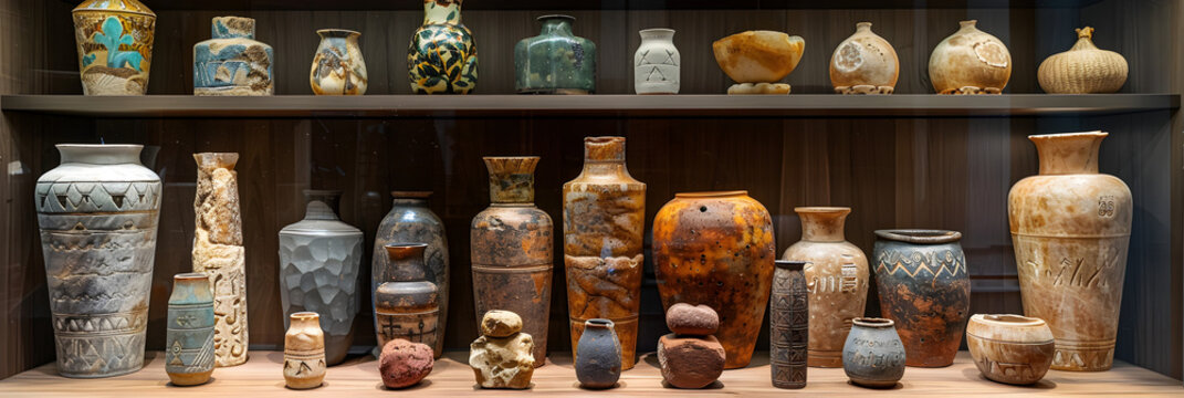 bottles in a cellar,
Archaeological biblical finds on a museum displa 