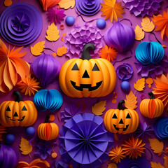 Purple and orange halloween background with various pumpkins created with Generative Ai
