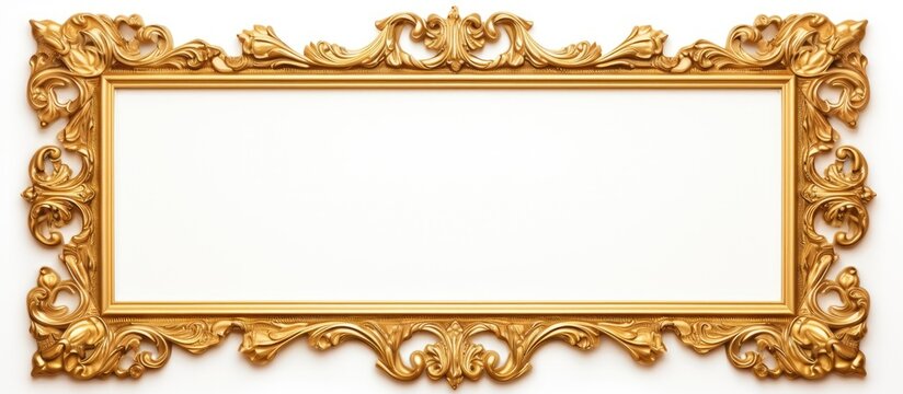 A gold rectangle picture frame with a fancy design on a white background, made of metal and featuring a stylish pattern. A fashion accessory in luxurious yellow hue