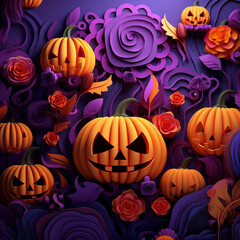 Purple and orange halloween background with various pumpkins created with Generative Ai