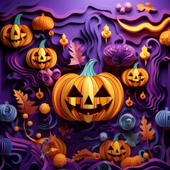 Purple and orange halloween background with various pumpkins created with Generative Ai