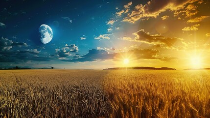 Beautiful landscape of a wheat field. Day and night. Moon and sun in one picture. Panorama of changing time of day. Night sky. Bright sun on a blue sky.Wide field of wheat. generative aI
