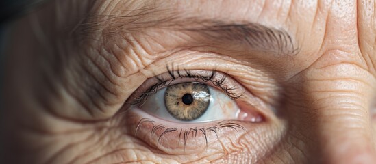 A macro photography art piece showcasing a closeup of an elderly womans wrinkled eye, with electric...