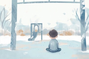 Lonely Child at Empty Winter Playground - Concept of Solitude and Reflection in Childhood