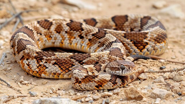 A snake is coiled up on the ground, showing its scaled body and distinctive pattern ai generative images