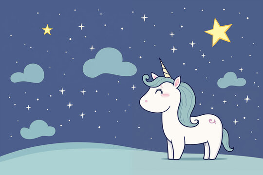 A cartoon unicorn is standing in a field of stars