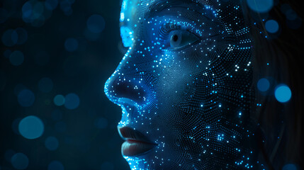Digital portrait of a woman's face composed of glowing blue dots, symbolizing the intersection of humanity and technology in a dark background..