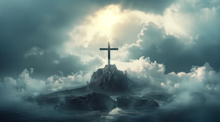 A cross is on a rocky island in the middle of a stormy sea - obrazy, fototapety, plakaty
