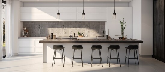 Modern Kitchen Interior Design Concept with White Walls, Tiled Floor, and Stylish Bar Area