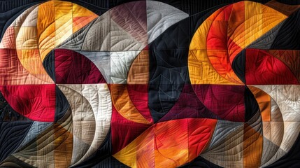 Vibrant patchwork quilt with a geometric pattern, featuring a rich palette of red, blue, orange, and yellow hues.