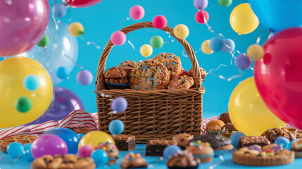 A picnic basket is od to reveal an assortment of cookies brownies and mini pies with vibrant balloon strings spilling out. - obrazy, fototapety, plakaty