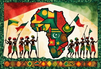 Africa's progress captured in landmarks and modern achievements. Watercolor illustration. Africa Day event.