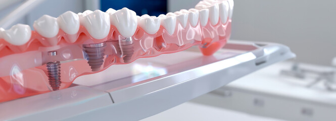A close-up of a dental crown preparation, with a hand tool adjusting the fit on a model.