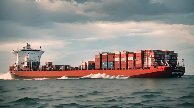 cargo ship with stacks of containers, traveling in the middle of the beautiful ocean, cinematic
